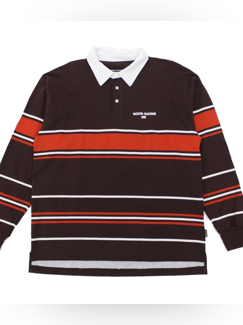 Noon Goons Sport Long Sleeve Rugby Polo Shirt Brown Orange Striped Large